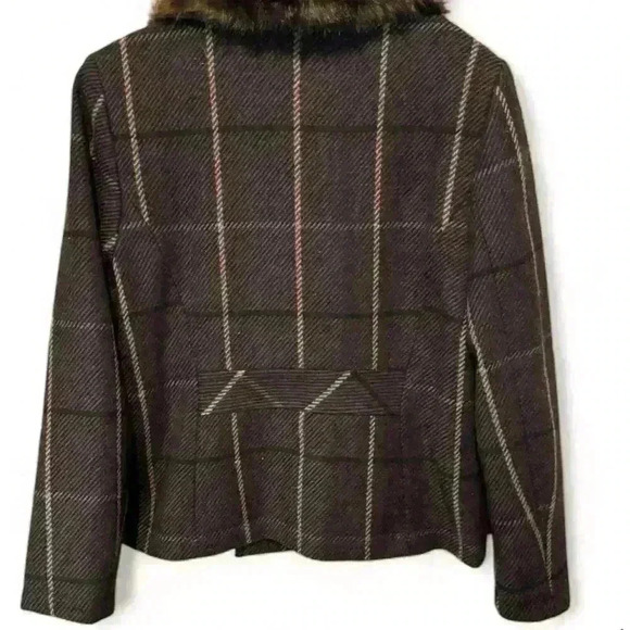 Banana Republic Women's Brown Plaid Pea Coat Faux Fur Collar Medium - Picture 4 of 11
